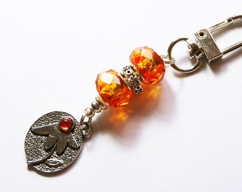 Orange Bead Purse Charm with Flower Charm, Zipper Pull, Beaded Keyring (10318)