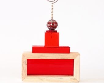 Red Wooden Photo Holder, Note Card Stand, Geometric Stand for Photos and Notes (Photo016)