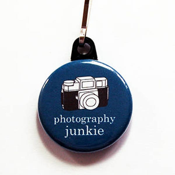 Photography Junkie Zipper Pull in Blue, Charm for Camera Case, Gift for Photographer (7564)