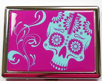 Cigarette Case, Metal cigarette case, Cigarette box, Case for Smokes, Skull, Day of the Dead, purple, Sugar Skull, Día de Muertos (4910C)