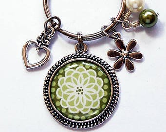 Flower keychain, keyring, stocking stuffer, keyring with flowers, abstract flower, flower keyring, green, keychain with charms  (7725)