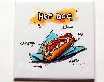 Hot Dog Magnet, Kitchen Magnet, magnet, Fridge magnet, Hot Dogs, Fast Food Magnet, made in canada, square magnet, food magnet (5973)