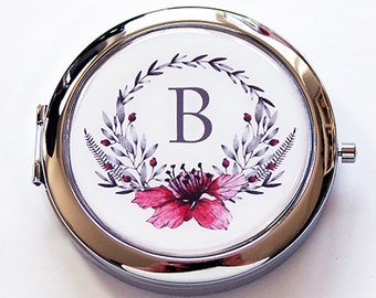 Pill box with mirror, Monogram pill case with mirror, Floral wreath with monogram, Bridesmaid gift, custom, Gift for her, pink, grey (5988)