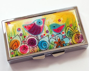 Pill case, pill box, Pill Container, 7 sections, 7 day, Bright colors, birds, flowers, gift for her, gift for mom, cute pill case (3815)