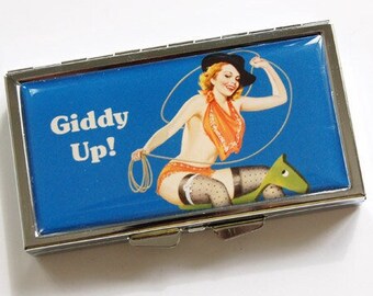 Cowgirl 7 day pill case, Pill box, Funny Pill case, Pinup Girl, 7 sections, Humor, Funny Saying, blue, giddy up, cowboy, cowgirl (3969)