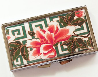 7 Day pill box, 7 Day pill case, Pill Container, Pill Case, 7 day, 7 section, Pill box, Floral, Flowers, Pink, Green, Asian Design (4187)