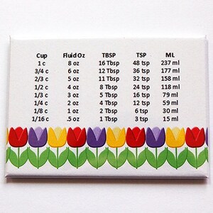 May include: White rectangular kitchen conversion chart with measurements in cups, fluid ounces, tablespoons, teaspoons, and millilitres. The chart has a colourful tulip border. Measurements include 1 cup to 1/16 cup.