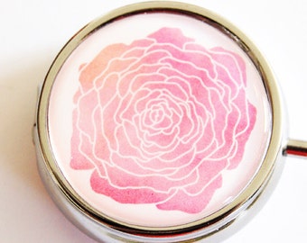 Rose Pill Box, Pill Case, Pill Container, Floral, Gift for Mom, Bridesmaid gift, Rose, You Select Color, Round pill case (2360)