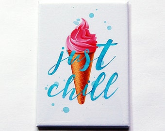 Just Chill Magnet, Ice Cream Magnet, Summer Magnet, ACEO, Fridge magnet, Kitchen magnet, Ice Cream Cone, Bright Colors, Summertime (5986)