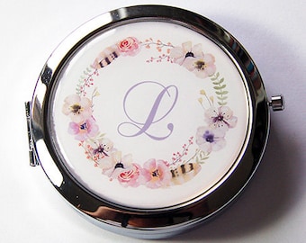 Pill box with mirror, Monogram pill case with mirror, Floral wreath with monogram, pill box, Gift for her, Bridesmaid gift, custom (5816)