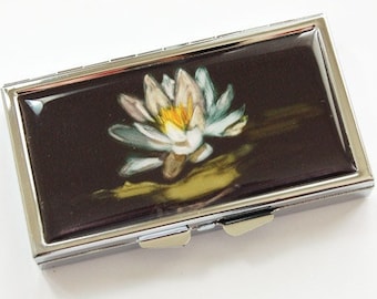 7 day,  Pill case, Pill box, 7 sections, Water Lily, Black case, Lily pill case, floral case, flower pill case, Kellys Magnets (3848)