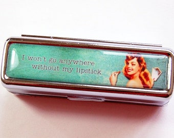 Lipstick holder, Lipstick case, Retro, Lipstick case with mirror, Lipbalm Case, gift for her, I won't go anywhere without my lipstick (4873)