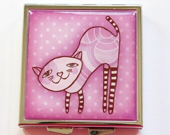 Cat Pill case, Cat Pill box, Pill case, 4 Sections, Square Pill box, Cat Case, Cats, Meow, Case for purse, Pink, Kellys Magnets (4039)