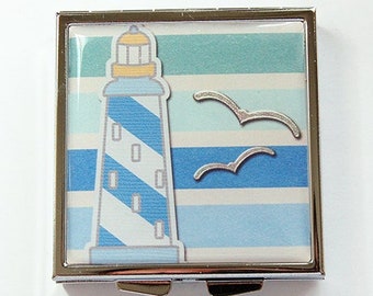 Pill Case, Pill box, Pill case, Nautical, Lighthouse, 4 Sections, Square Pill box, Pill container, Stripes, nautical pill case (4191)