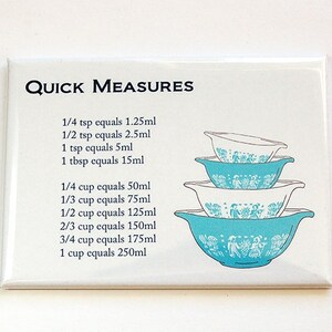 May include: A rectangular magnet with the text "QUICK MEASURES" and measurement conversions. It features a stack of four turquoise and white mixing bowls with a floral design. Measurements are in millilitres.