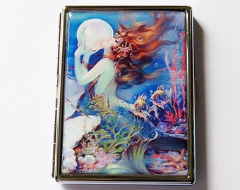 Mermaid Cigarette Case, Slim Cigarette Case, Mermaid with pearl, Cigarette Holder, Cigarette box, mermaid fantasy, blue (6056S)