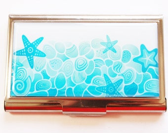 Business Card Case, Beach card case, Card case, business card holder, card case for her, Starfish, Shells, blue (3008)