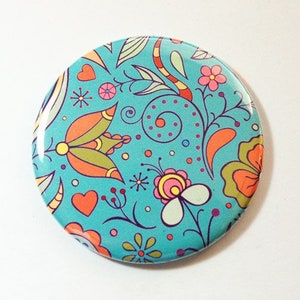 Flower pocket mirror, pocket mirror, mirror, purse mirror, gift for her, Flowers, Mod Flowers, Floral, Teal, funky design (3611)