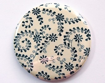 Pocket mirror, mirror, flower, floral, purse mirror, Gift for her, glass mirror, black, ivory, flower mirror (3566)