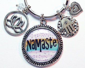 Namaste Keychain, Keyring with charms, Pretty Keychain, Keyring for women, Cute keyring, Namaste Keyring, Hamsa Hand, Gift for her (8872)