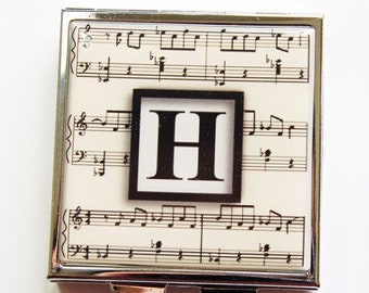Monogram Pill case, Monogram Pill box, Pill box, Pill case, 4 Sections, Square Pill box, Square Pill case, Music theme, Musical Notes (4084)