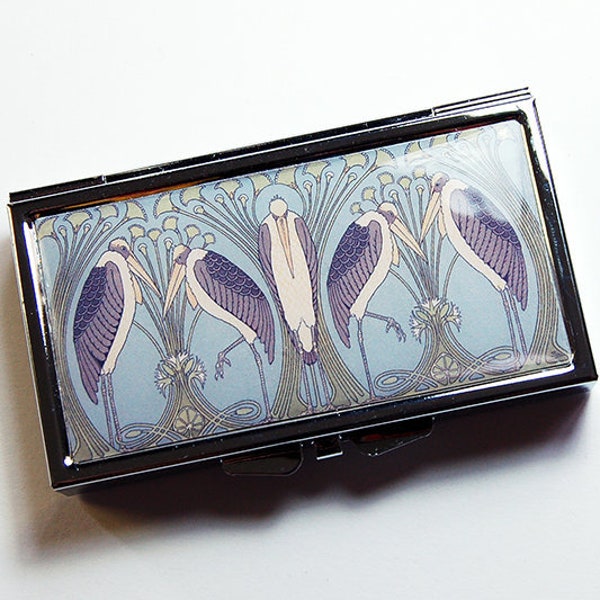 Art Nouveau Stork Pattern on a 7 Day Pill Box in Blue and Purple, Art Deco Pill Case for Purse, Gift for Her (9004)