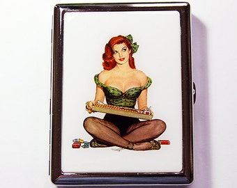 Cigarette case, Cigarette Girl, Retro Design, Cigarette box, Metal Cigarette Box, Humor, Case for Pot, Retro, Cigarette Girl Case (5347C)