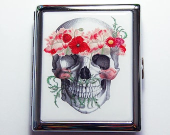 Skull Cigarette Case, Metal cigarette case, Metal Wallet, Cigarette box, Dia de los Muertos, Skull with Flowers, Day of the Dead (4886C)