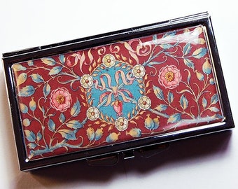 7 Day Pill Case with a Vintage Feel, Pill Box for Purse, Ornate Design in Brown Pink andBlue (9000)