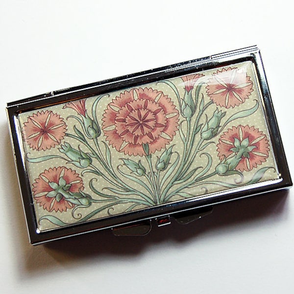 Vintage Pattern on a 7 Day Pill Box in Green and Dusty Rose, Pill Case for Purse (9002)