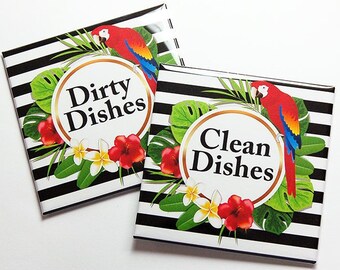 Parrot Kitchen Dishwasher Magnet with Black and White Stripes, Dirty Dishes and Clean Dishes Magnet (8970)