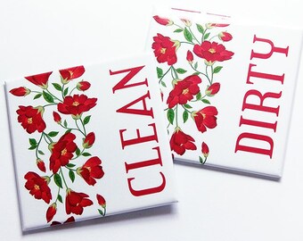 Red Poppy Kitchen Dishwasher Magnet, Red Flower Magnets, Clean Dishes and Dirty Dishes Magnet (8969)