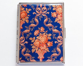 Slim Cigarette Case, Blue Orange Ornate Design, Cigarette Holder, Victorian Design, Case for Cannabis, Slim Cigarette Box (8657S)