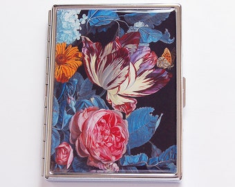 Floral Cigarette Case, Flower Slim Cigarette Case, Cigarette Holder, Cigarette box, Blue Pink, Floral, Flower Cigarette Case (8647S)