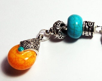 Cute orange and turquoise blue zipper pull, Tibetan Style Beaded Zipper Charm, Backpack charm, Purse Charm, Stone Beads (9376)