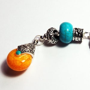 Cute orange and turquoise blue zipper pull, Tibetan Style Beaded Zipper Charm, Backpack charm, Purse Charm, Stone Beads (9376)