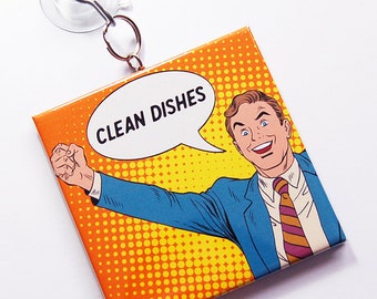 Dishwasher Sign, Sign with suction cup, Clean Dishes, Dirty Dishes, Works on stainless steel, Kitchen Sign, comic book style (7261)