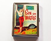 Metal cigarette case, Slim Cigarette Case, Cigarette box, Gift for him, Sin on Wheels, Retro Design, case for smokes (4996S)
