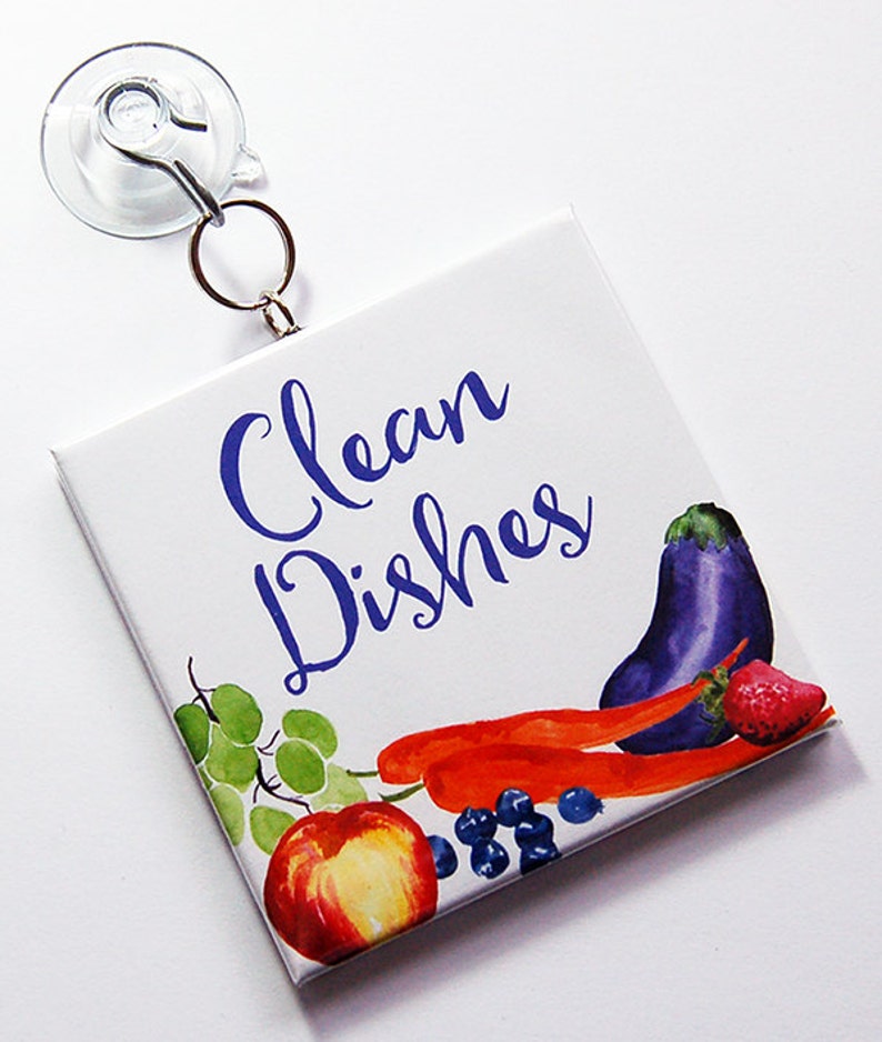 Clean Dishes, Dirty Dishes, Sign with suction cup, Dishwasher Sign, Works on stainless steel, Kitchen Sign, fruit, vegetables 7262 image 2