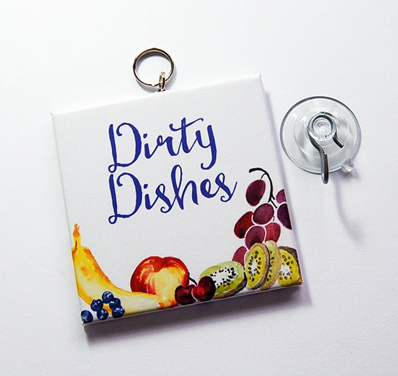 Clean Dishes, Dirty Dishes, Sign with suction cup, Dishwasher Sign, Works on stainless steel, Kitchen Sign, fruit, vegetables 7262 image 3