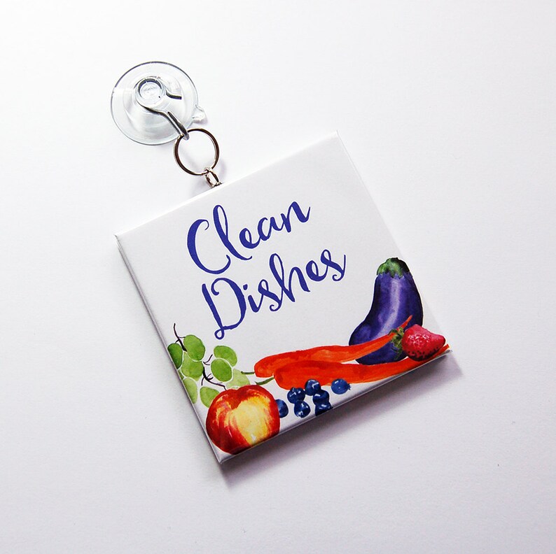 Clean Dishes, Dirty Dishes, Sign with suction cup, Dishwasher Sign, Works on stainless steel, Kitchen Sign, fruit, vegetables 7262 image 1