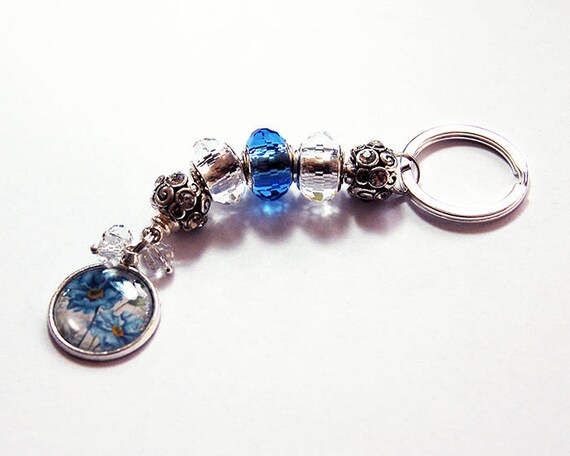 Porte-clés en métal et fleurs bleues - Bijoux tendance femme
