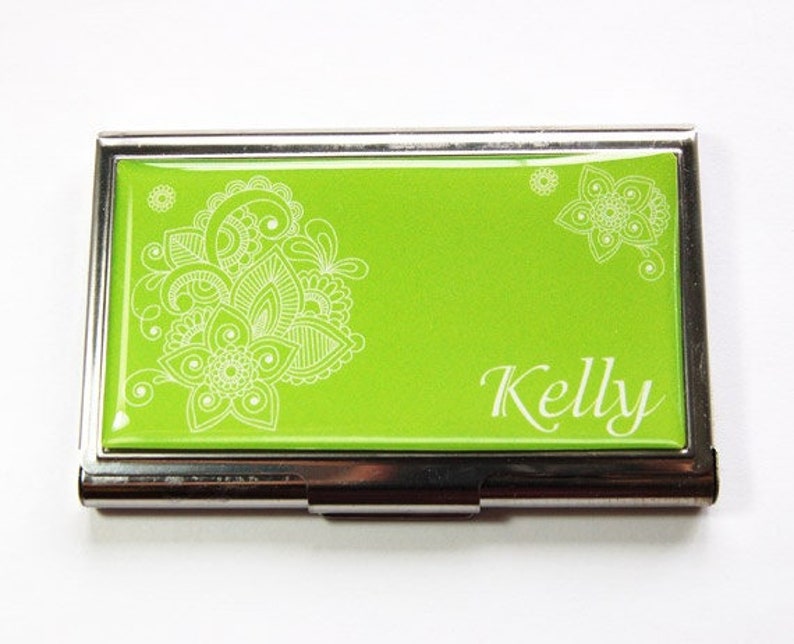 Personalized business card case in lime green.