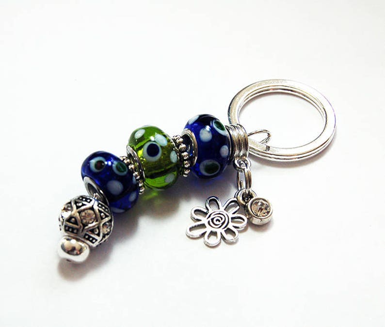 Blue Green Keychain Cute Keychain Polka Dots Glass Beads Etsy