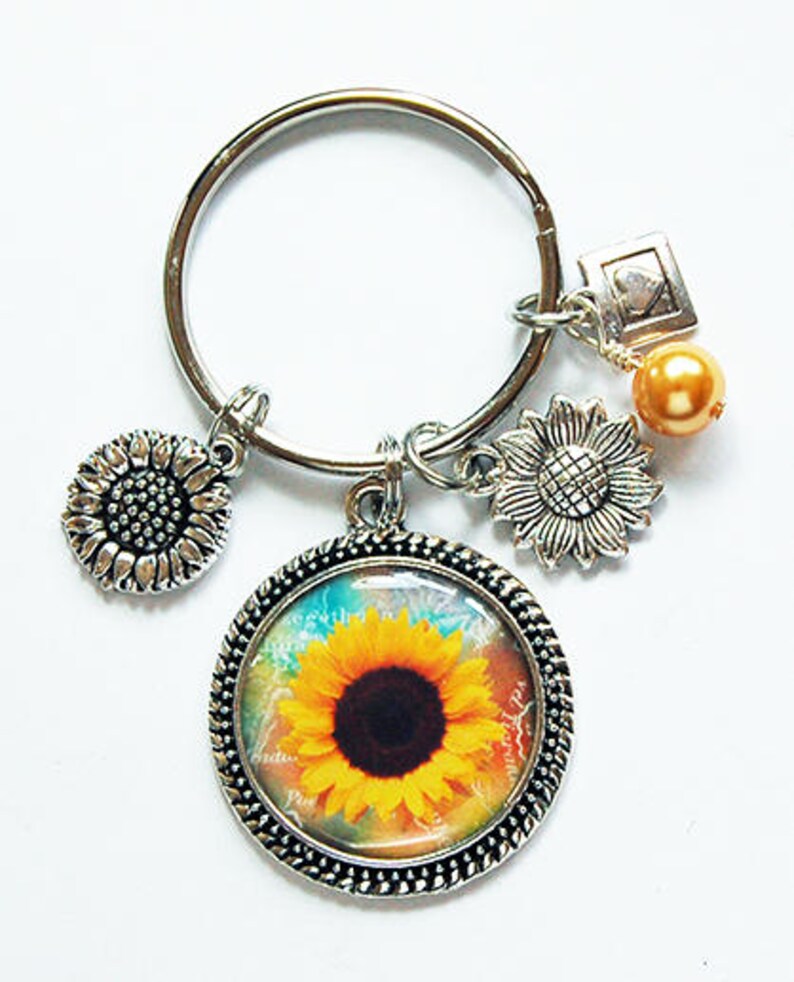 Sunflower keychain, Keyring for her, Sunflower keyring, Floral, stocking stuffer, Gift under 25, keychain for women, Sunflowers 8076 image 2