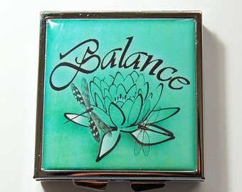 Balance pill case, Square Pill case, Square Pill box, Pill box, Pill Case, 4 Sections, Green, Balance, Lotus flower (4254)