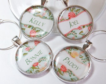 Personalized wine charms, custom, Wine Charms, Wine Glass Charms, Flowers, silver plate, Roses, Green, personalized charms (2596)