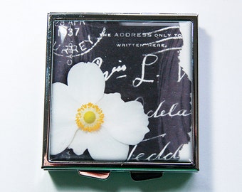 Flower pill case, flower pill box, Pill Case, Square Pill box, Square Pill case, Pill Box, 4 Sections, floral case, black, white (4246)