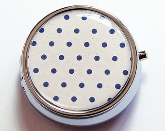 Navy Polka Dot Round Pill Case, Beige Navy, Round Pill Container, Small Pill Box, Mothers Day Gift, Round Pill Box, Gift for her (8705)