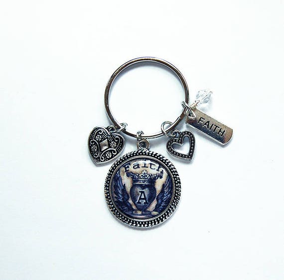 Porte cles monogramme Faith Keychain porte cles bas de charge Cadeau pour les moins de 25 ans Porte cles monogramme cadeau personnalise Foi coeur bleu 8071 Etsy France